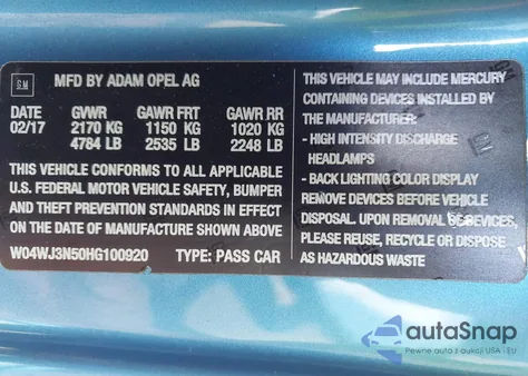 2017 Buick Cascada Sport Touring z USA, uszkodzony, nr VIN W04WJ3N50HG100920